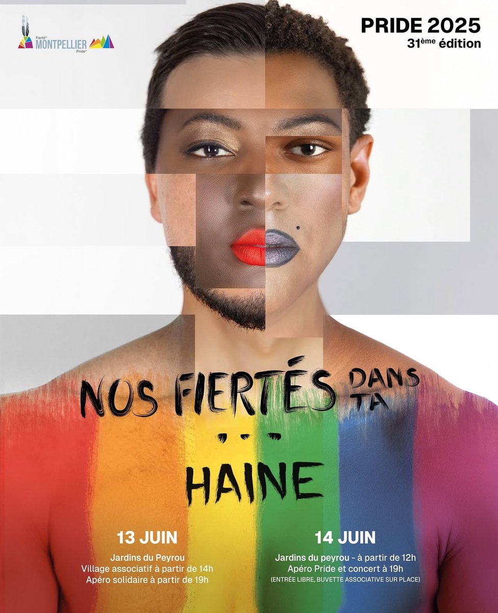 Nos fiertés dans ta… haine 
Rendez-vous les 13 &amp; 14 juin pour la #Pride2025 de #Montpellier 
❤️🧡💛💚💙💜