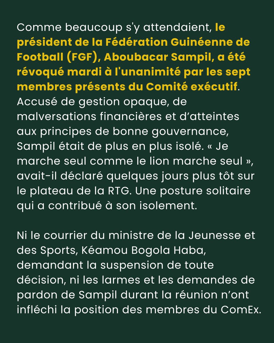 DimioMedia's tweet photo. #FEGUIFOOT | Aboubacar Sampil révoqué, mais la bataille est-elle vraiment terminée ? Il a été provisoirement débarqué mar par le Comité Exécutif de la FGF, l’accusant de gestion opaque et de malversations. 1/3 https://t.co/xxgInVIvei