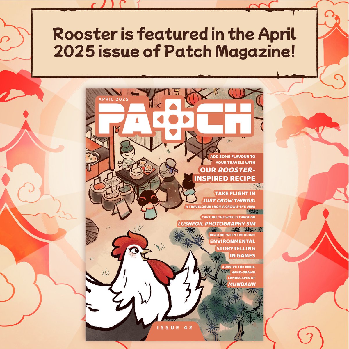 gumsmarts's tweet photo. Huge Thank you to @thepatchmag Magazine for featuring Rooster as the cover of the April 2025 issue , this cover looks amazingโค๏ธ๐
#IndieGames #CozyGames #stickybrainstudios #Rooster #Explore #wishlistwednesday #PatchMagazine #CozyGameMagazine #FriedRiceRecipe #CookingTips https://t.co/KGG4ZGkZm3