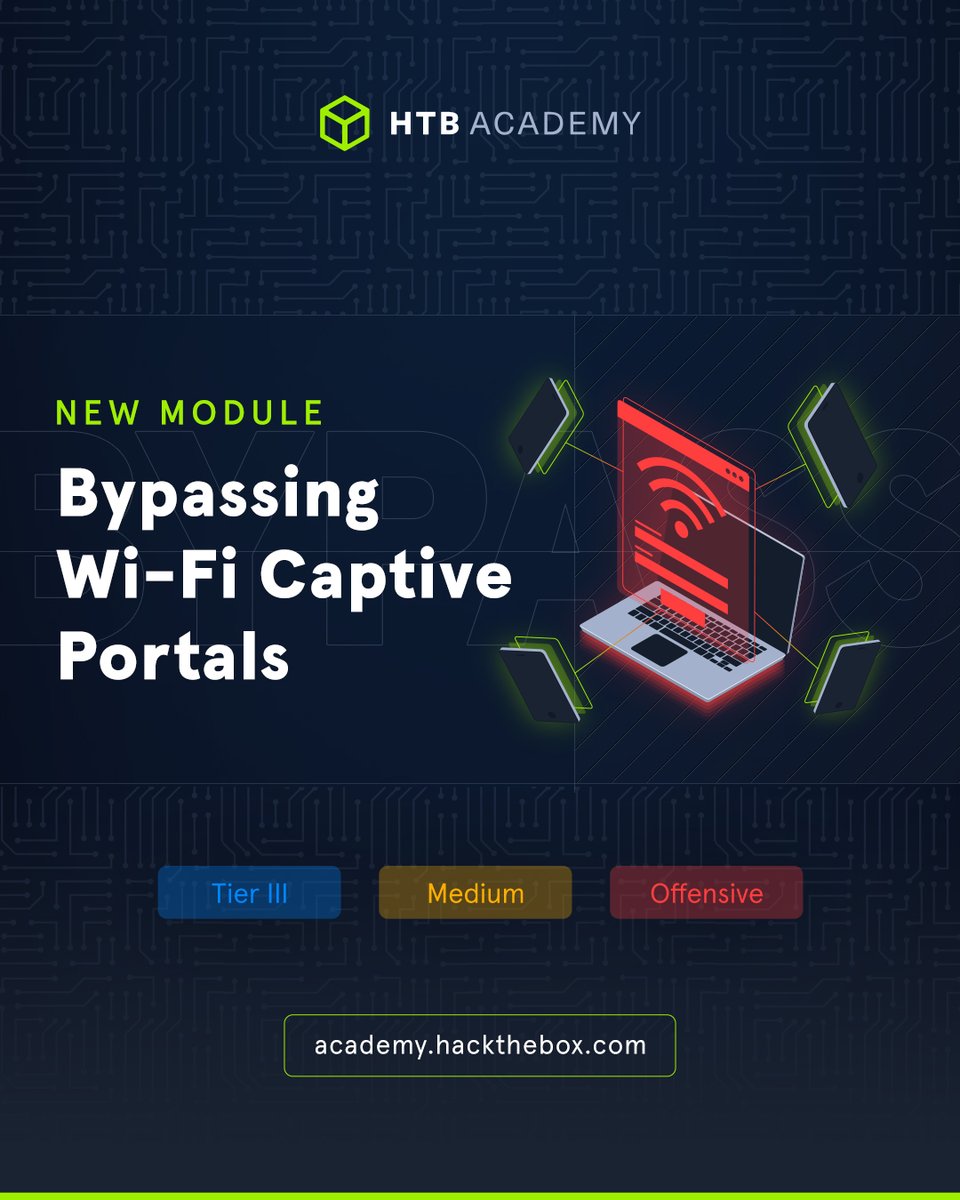 Don't open a door you can't close ☝️
A new #HTB Academy Module is here! Discover techniques for identifying and bypassing Wi-Fi captive portals, explore client hijacking methods to extract credentials, and learn how to harden portal security. Start now: okt.to/X6bptT