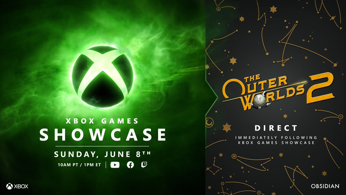 We’ve got another double feature this year!

Mark your calendars for the Xbox Games Showcase followed by The Outer Worlds 2 Direct on June 8: xbx.lv/42M8ZdN | #XboxShowcase #TheOuterWorlds2