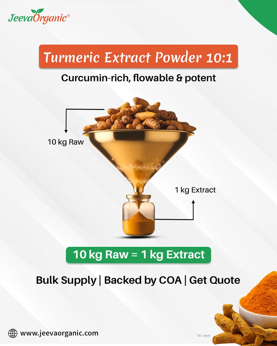 JeevaOrganic's tweet image. Our 10:1 turmeric extract powder delivers more actives in less bulk, perfect for smart formulations. 
To know more visit jeevaorganic.com today.

#turmeric #turmericextract #curcumin #jeevaorganic