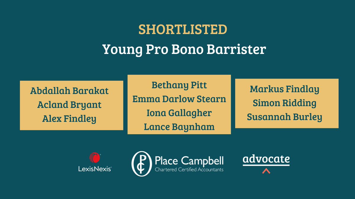 Advocate (@weareadvocate) on Twitter photo ⚖️ YOUNG PRO BONO BARRISTER OF THE YEAR ⚖️
Meet our shortlisted young barristers below - congratulations!
<a href="/9parkplace/">9 Park Place</a>, <a href="/gardencourtlaw/">Garden Court Chambers</a>, <a href="/farrarsbuilding/">Farrar's Building</a>, <a href="/CloistersLaw/">Cloisters</a>, <a href="/NewCourtFamily/">New Court Chambers</a>, <a href="/1CrownOfficeRow/">1 Crown Office Row</a>, <a href="/DoughtyStreet/">Doughty Street Chambers</a>, @coben_house, <a href="/33BedfordRow/">33 Bedford Row</a>, <a href="/4PBFamilyLaw/">4PB</a>. ⚖️ YOUNG PRO BONO BARRISTER OF THE YEAR ⚖️
Meet our shortlisted young barristers below - congratulations!
<a href="/9parkplace/">9 Park Place</a>, <a href="/gardencourtlaw/">Garden Court Chambers</a>, <a href="/farrarsbuilding/">Farrar's Building</a>, <a href="/CloistersLaw/">Cloisters</a>, <a href="/NewCourtFamily/">New Court Chambers</a>, <a href="/1CrownOfficeRow/">1 Crown Office Row</a>, <a href="/DoughtyStreet/">Doughty Street Chambers</a>, @coben_house, <a href="/33BedfordRow/">33 Bedford Row</a>, <a href="/4PBFamilyLaw/">4PB</a>.