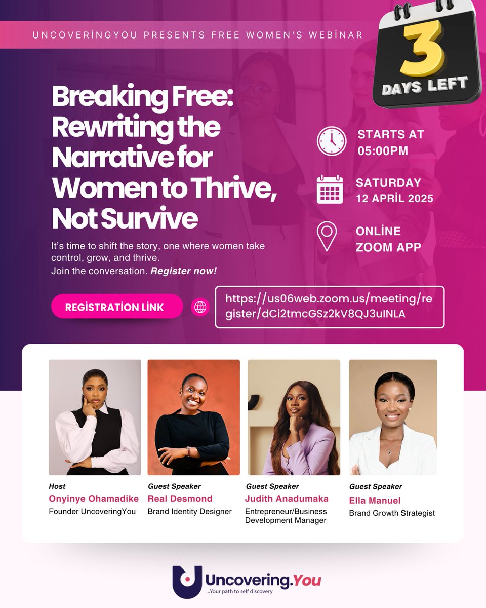 Uncovering_you's tweet photo. 3 DAYS TO GO!
UncoveringYou invites you to a FREE webinar for women:
Date: April 12th
Time: 5PM (WAT)
Venue: Online (Zoom)

And yes, it’s absolutely FREE!

Secure your spot: [https://t.co/LpG0mNFhug]

Tag a woman who needs this boost!  #UncoveringYou
Arsenal Declan Rice Gunners https://t.co/2sfdz4ua5x