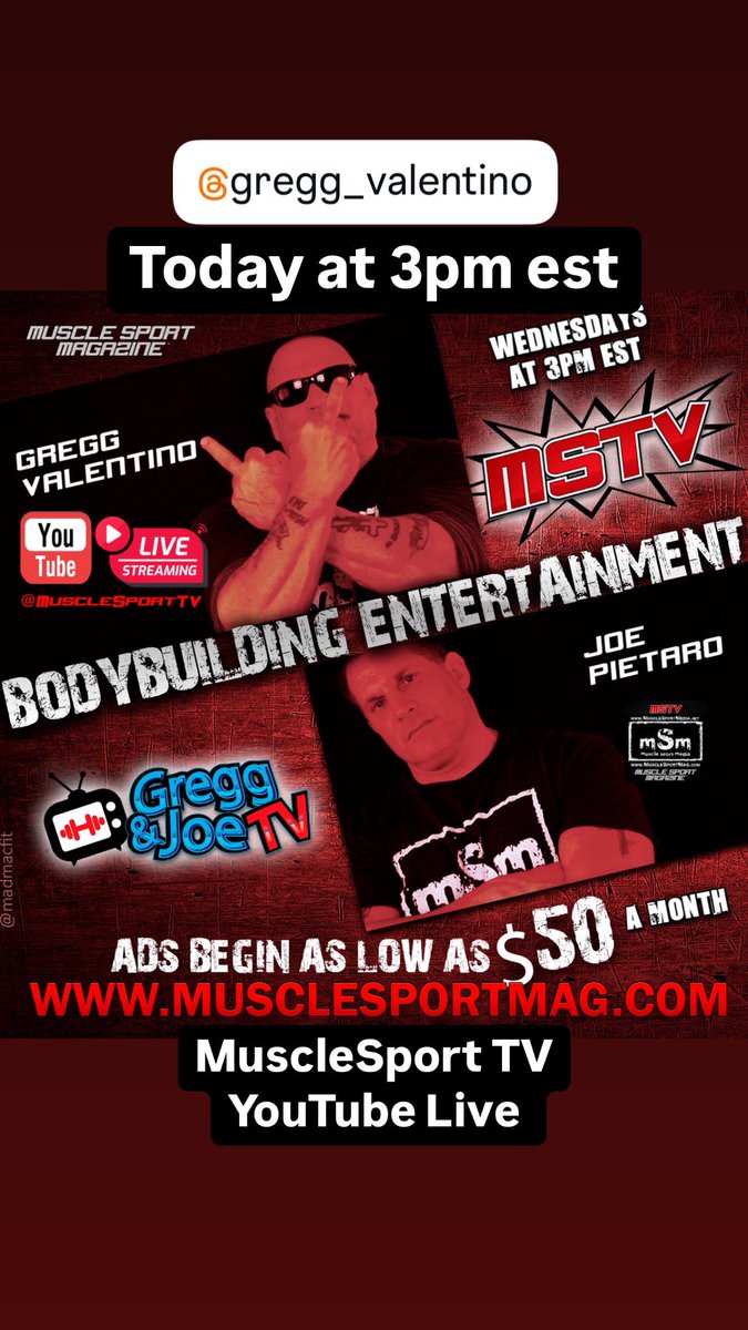 MuscleSport_LLC's tweet photo. Today at 3pm EST on #musclesporttv #youtubelive 📺 The @ValentinoGregg &amp; @joe_pietaro Show 🎤🎤 #greggvalentino #joepietaro #greggandjoe #mSm #musclesport #musclesportmag #mSm #bodybuilding @CGasparino  @Dirtbags21 #bodybuildingentertainment https://t.co/fnd7Z4R4eY