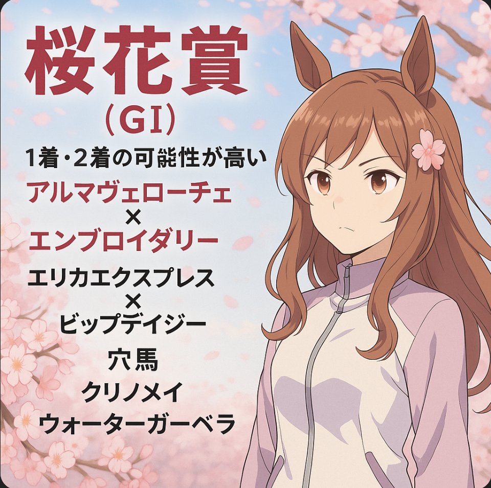 【🎤実況風・AI予想】
今年の桜の女王を制すのは…！？
＼データで選んだガチ3連星🌟／
🔥アルマヴェローチェ×エンブロイダリー
🔥エリカエクスプレス×ビップデイジー
🔥ショウナンザナドゥ×エンブロイダリー
そして穴から刺す…
🌸クリノメイ＆ウォーターガーベラ🌸
#桜花賞 #競馬好きと繋がりたい