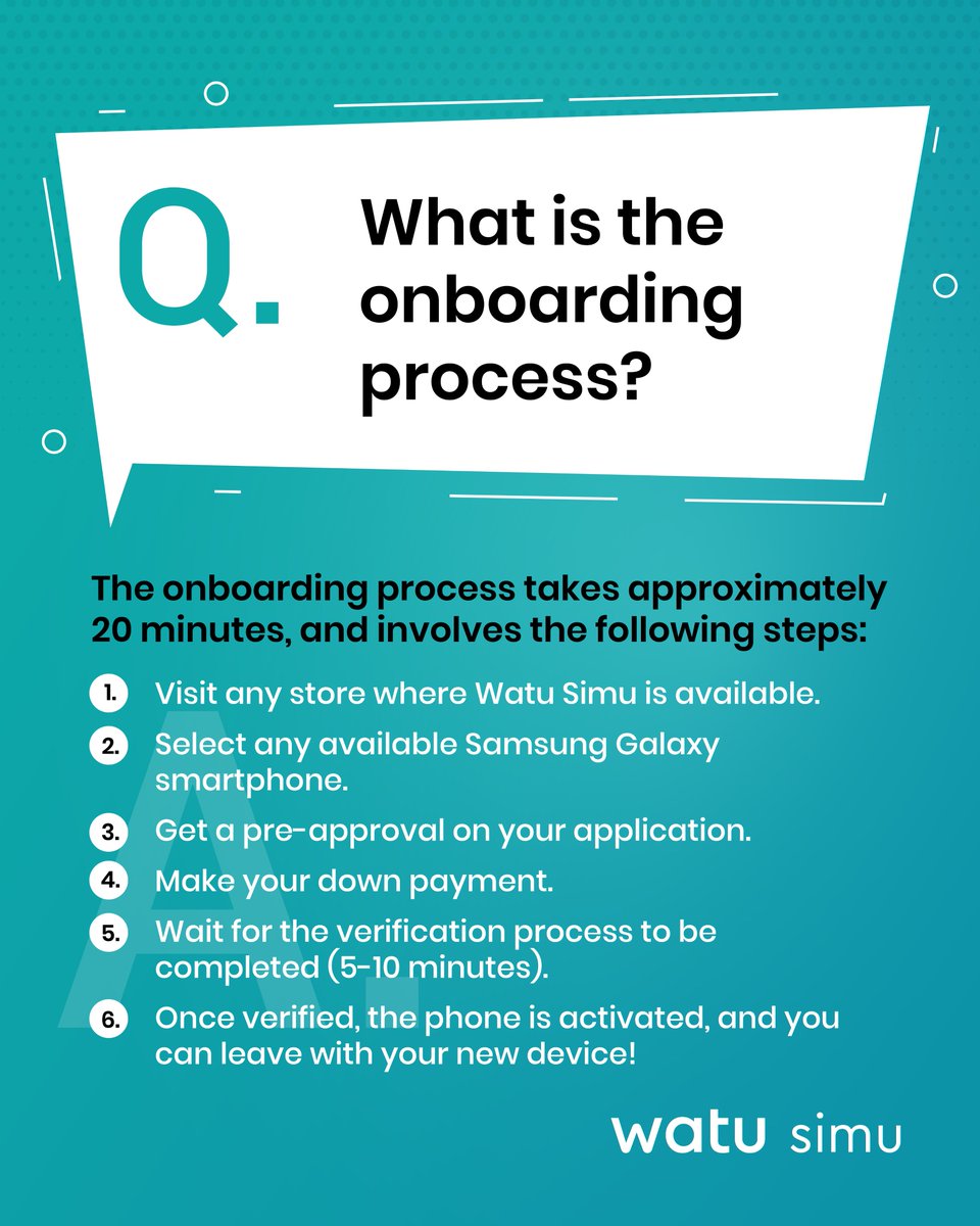 WatuSimu's tweet photo. Ready for a new smartphone? 📱 The onboarding process is fast and simple! ⏰

Choose your smartphone, get approved, make your down payment, and walk out with your new device in no time. ✅ 

#WatuSimu #Smartphone #SmartphoneFinancing #Wednesday #FAQs https://t.co/2PV38ZqGOm