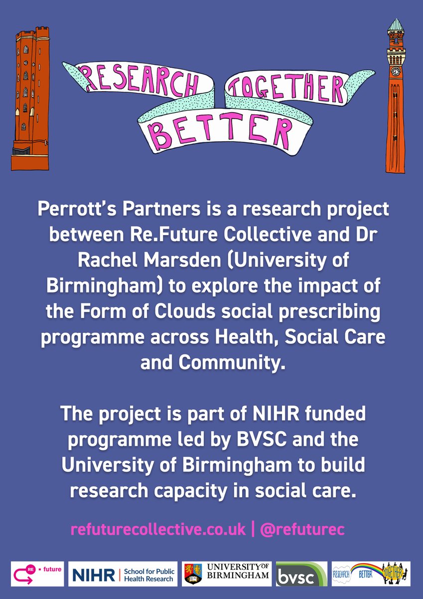 re future (@refuturec) on Twitter photo Hooray!! We've been successful in our application to the #researchbettertogether programme led by <a href="/BVSC/">Birmingham Voluntary Service Council</a> <a href="/unibirmingham/">Uni of Birmingham</a>. We will be partnering with <a href="/rachmarsden/">Dr Rachel Marsden (she/her)</a> to create an evaluation for our Form of Clouds Social Prescribing Program. Kindly funded by <a href="/NIHRresearch/">National Institute for Health and Care Research</a> <a href="/NIHRSPHR/">NIHR SPHR</a> P1/2 Hooray!! We've been successful in our application to the #researchbettertogether programme led by <a href="/BVSC/">Birmingham Voluntary Service Council</a> <a href="/unibirmingham/">Uni of Birmingham</a>. We will be partnering with <a href="/rachmarsden/">Dr Rachel Marsden (she/her)</a> to create an evaluation for our Form of Clouds Social Prescribing Program. Kindly funded by <a href="/NIHRresearch/">National Institute for Health and Care Research</a> <a href="/NIHRSPHR/">NIHR SPHR</a> P1/2