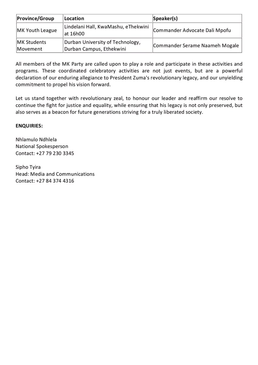 Media Statement 
MK Party Celebrates the Birthday of President Jacob Zuma with Nationwide Political Activities and Programmes#presidentZuma#gwazaMkhonto
