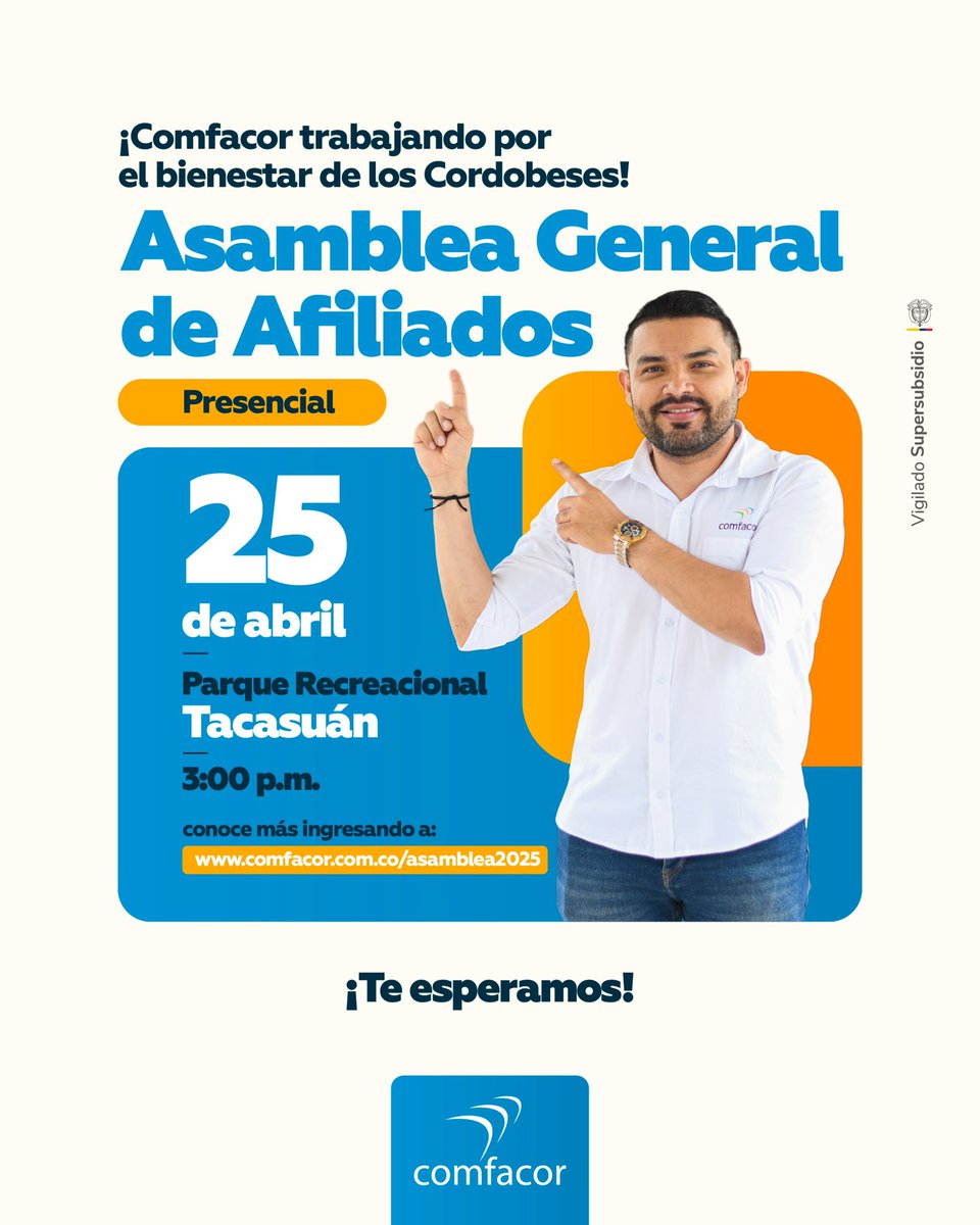 Empresario afiliado, ¡este espacio es para ti!
Acompáñanos el 25 de abril a la Asamblea General de Afiliados 2025 🗓️ y conoce todo lo que juntos hemos construido por el bienestar de los cordobeses🤝
 Más información en: comfacor.com.co/asamblea2025/ 🌐

¡Te esperamos!