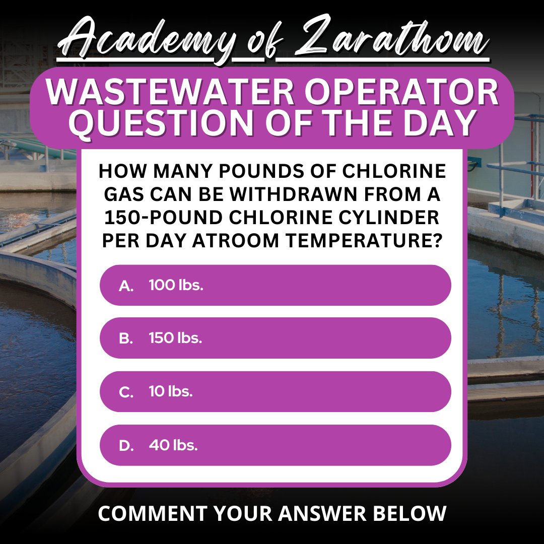 Zarathom_Online's tweet image. Wastewater Operator Question of the Day at l8r.it/3kM0 

#WastewaterTraining #WaterIndustry #OperatorCertification #EarnContactHours #WaterProfessionals #WastewaterOperators #AffordableLearning #AcademyOfZarathom #OnlineTraining #UtilityWorkers #Zarathom