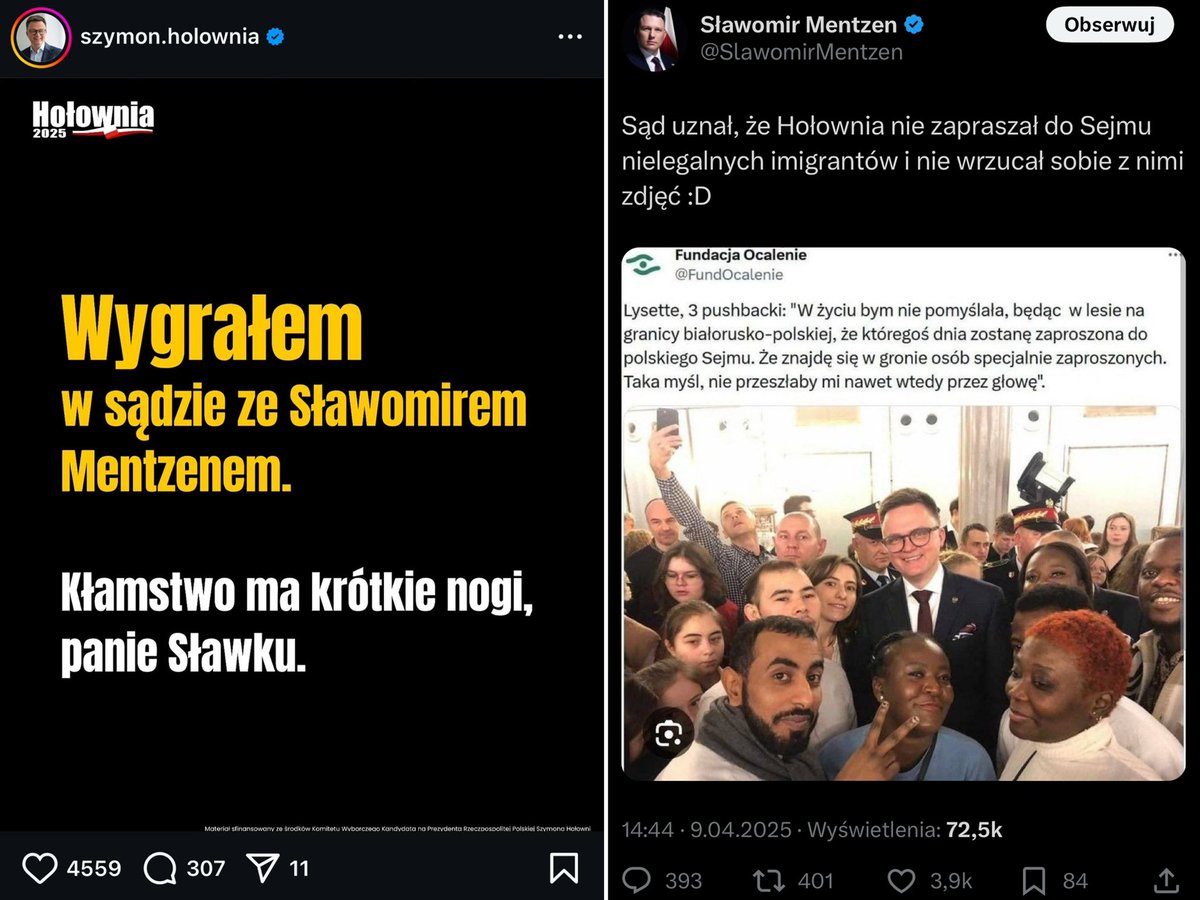 thepolandnews_'s tweet photo. Sąd zdecydował, że Sławomir Mentzen rozpowszechniał nieprawdziwe informacje i zobowiązał go do zamieszczenia sprostowania swojej wypowiedzi. Pozew w trybie wyborczym złożył Szymon Hołownia. Sprawa dotyczyła wypowiedzi Mentzena, w której zarzucił Hołowni zapraszanie do polskiego Sejmu nielegalnych migrantów.

Mentzen ma teraz 24 godziny na ewentualne złożenie zażalenia do sądu apelacyjnego.