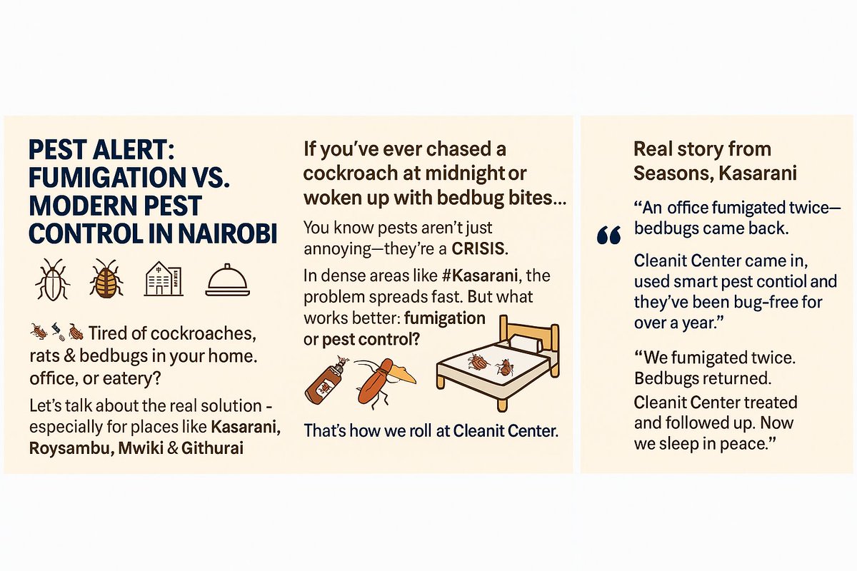 CleanitCenter's tweet photo. 10/
⏰ Don’t wait for the next roach, rat, or bite.
📞 Call Cleanit Center today for a FREE pest inspection.

Let’s protect your peace of mind—because a clean space is a safe space.
#Nairobi #PestControl #CleanitCenter https://t.co/1Gy6cZFcmz