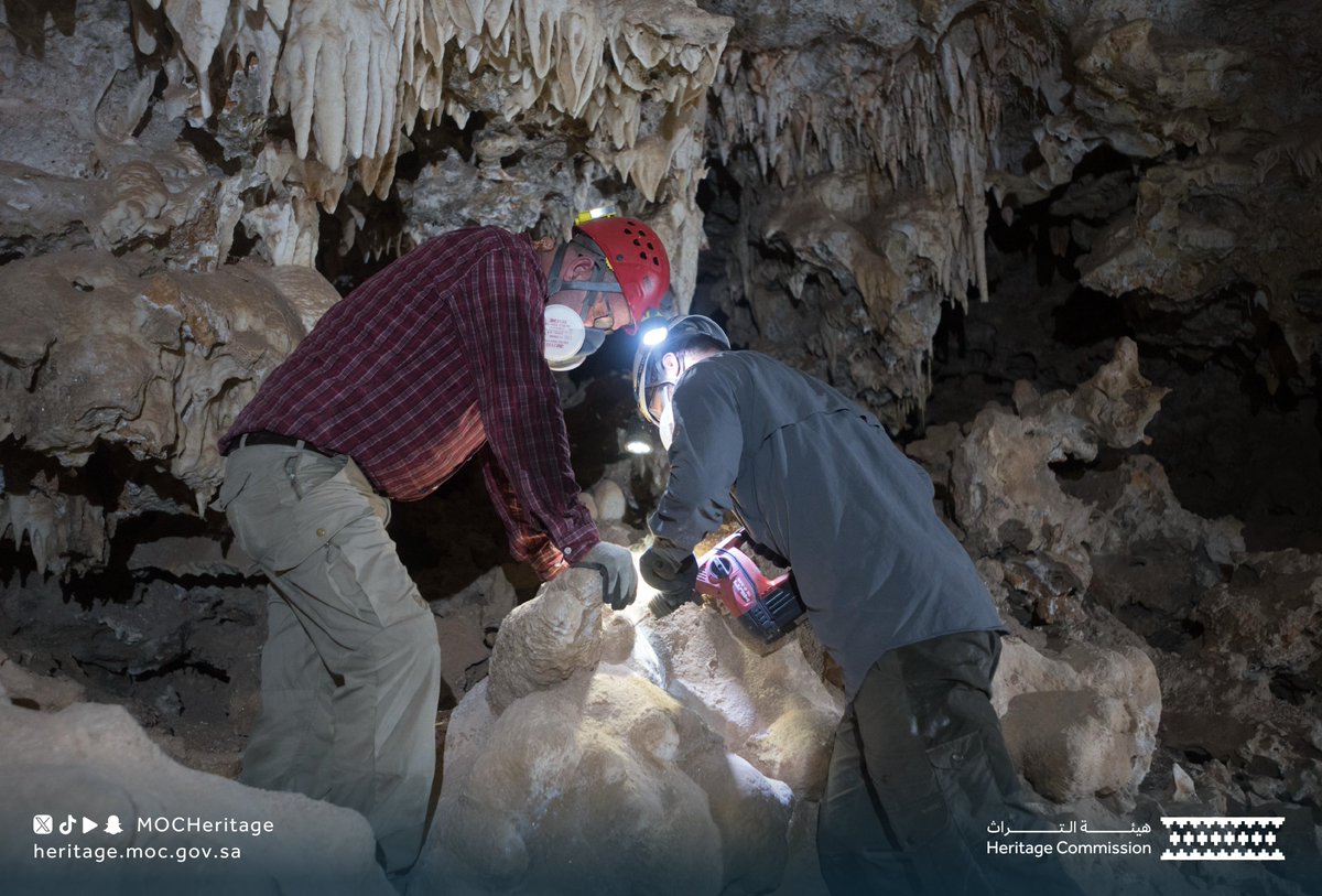 MOCHeritage's tweet photo. From inside Duhool Al-Samman, northeast of Riyadh, the scientific team documents discoveries reflecting the natural transformations the region has witnessed over the ages, as part of the #GreenArabiaProject.

#SaudiHeritageCommission https://t.co/uUqRhyvrSc