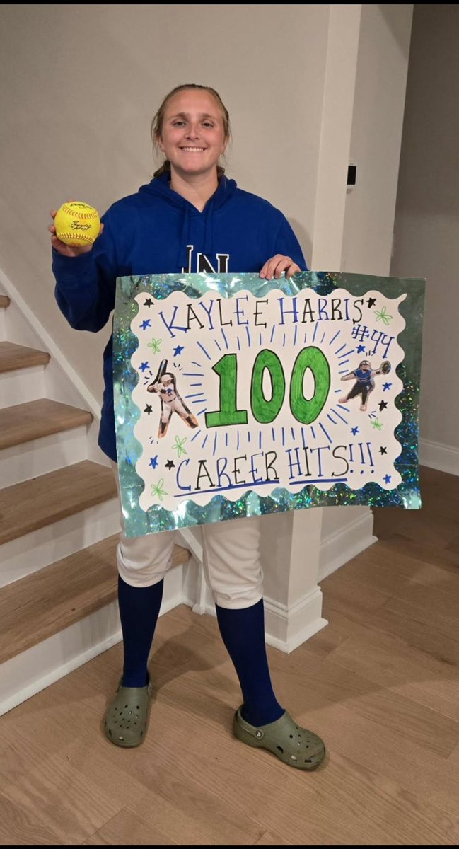 KHarris2025's tweet photo. We got a big conference win last night and I also got my 100th career varsity hit and HR #3 on the season.  Thanks @kyeracombss and @owolf2026 for my awesome sign. @Lknsoftball @Coach_Charissa @todell04 @GuilfordSB https://t.co/zf23i4PdnB