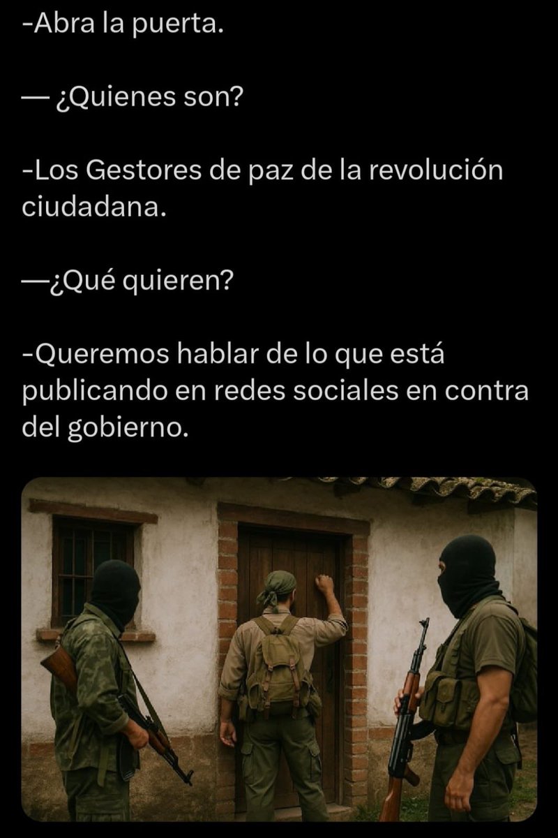 Polificcion's tweet photo. Es un meme. Pero funciona así en Cuba (sin los fusiles). En Venezuela y Nicaragua, con fusiles. https://t.co/ucWACffh3k