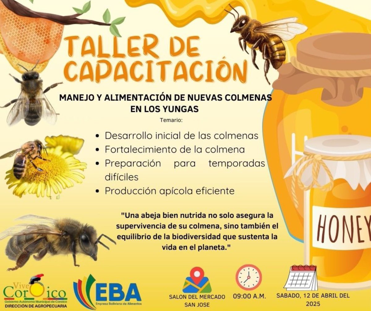 ProgramaApicola's tweet photo. Atentos a este gran taller de capacitación “Manejo y Alimentación de nuevas colmenas”este 12 de abril en los yungas, los esperamos!!! https://t.co/zifIP6br4G