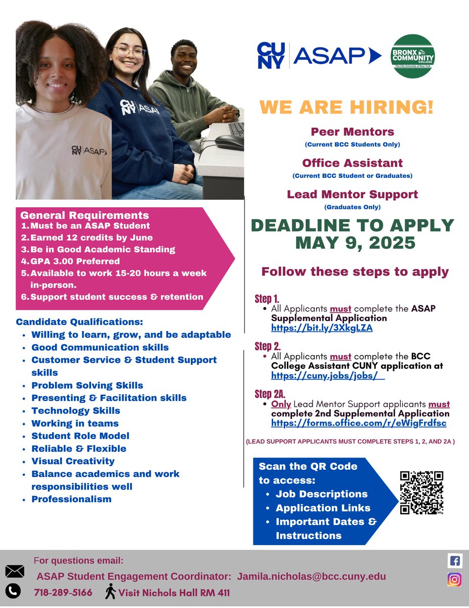 ASAPBCC's tweet photo. ASAP is Hiring!!!  DEADLINE MAY 9TH. We are looking for student leaders to join our team. See the flyer below for more details. 
For all job descriptions, application links, and important dates, click this link. https://t.co/huDdumMpZQ https://t.co/g1DDGfh0BZ