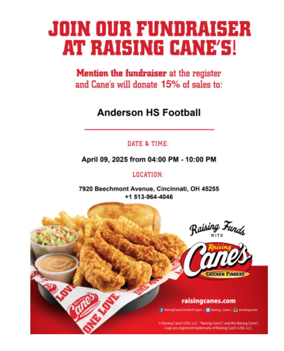 🚨Today Is the Day🚨 
Lets Canes cook for you tonight!!
⭐️Stop by Cane’s at the Beechmont location today from 4-10pm. 
💰They will donate 15% 
‼️You must mention the Anderson Football Fundraiser or show the below flyer when ordering. 
Ordering online? use this code: RCFUND96