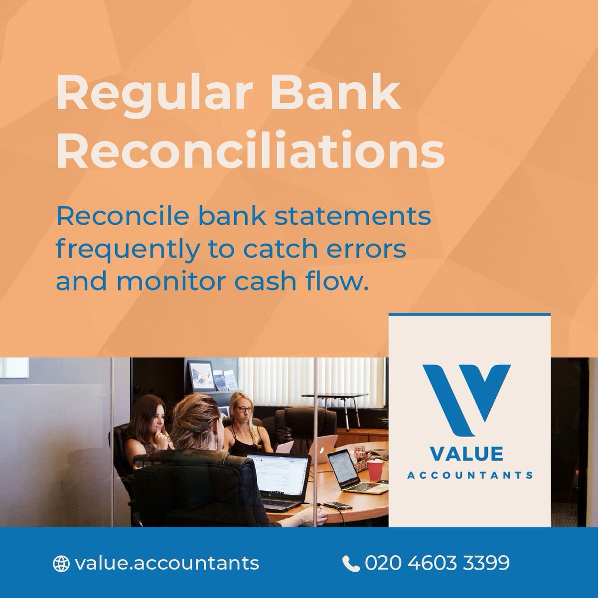 Can’t find the 💸? Value Accountants make sure your cash records match your bank statements with pro-level bank reconciliations! ✅ Dial down discrepancies and gear up certainty. Call us for a clear cash flow! 📞 #FinanceSimplified #SmallBizUK