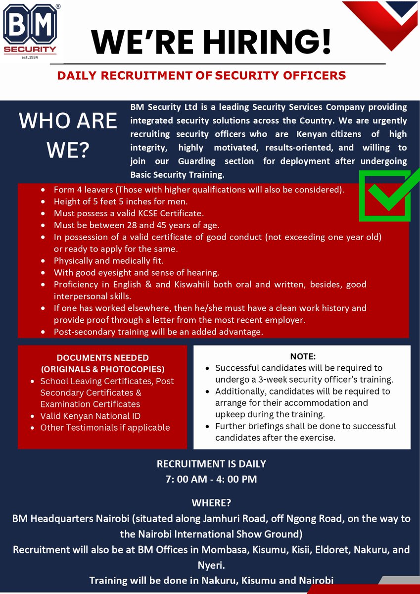 We are looking for dedicated and disciplined individuals to join our elite team of security officers. If you have what it takes to protect and serve, this is your chance to build a rewarding career in the security industry! #SecurityRecruitment #IkoKaziKE