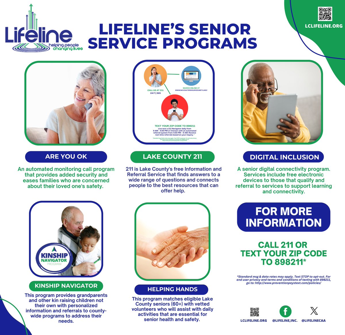LifelineCAA's tweet photo. 💜Lifeline is proud to offer several services to seniors in Lake County, aiming to improve their quality of life &amp; ensure they receive the support they need.💚

If you know a senior who could benefit from these services, call 211 or text your zip code to 898211 to learn more! https://t.co/5AIRuMlRZm