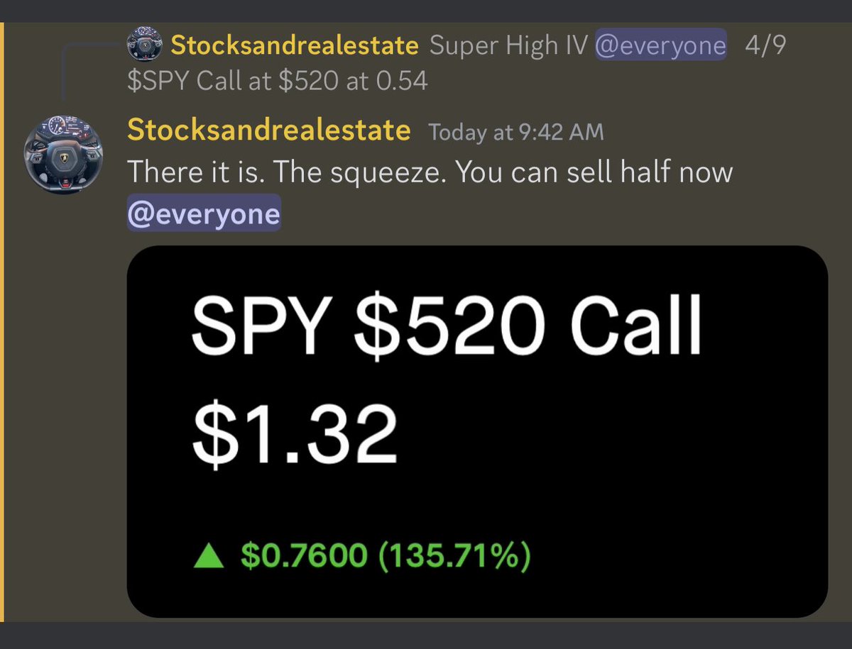 stocksandreales's tweet photo. CALLS WERE FREE MONEY 

4/9 $SPY Call $520 0.54 https://t.co/rNpn5rJglo