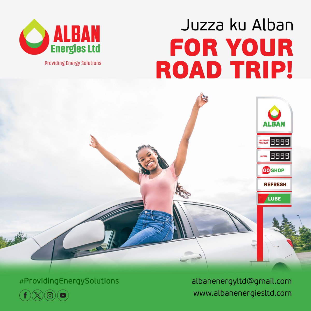 JUZZA KU ALBAN 💃🏾👌

Fuel up to full tank capacity with us at any time for a top notch engine performance as you travel to those nice destinations.

#albanenergies 
#juzzakualban 
#providingsolutions