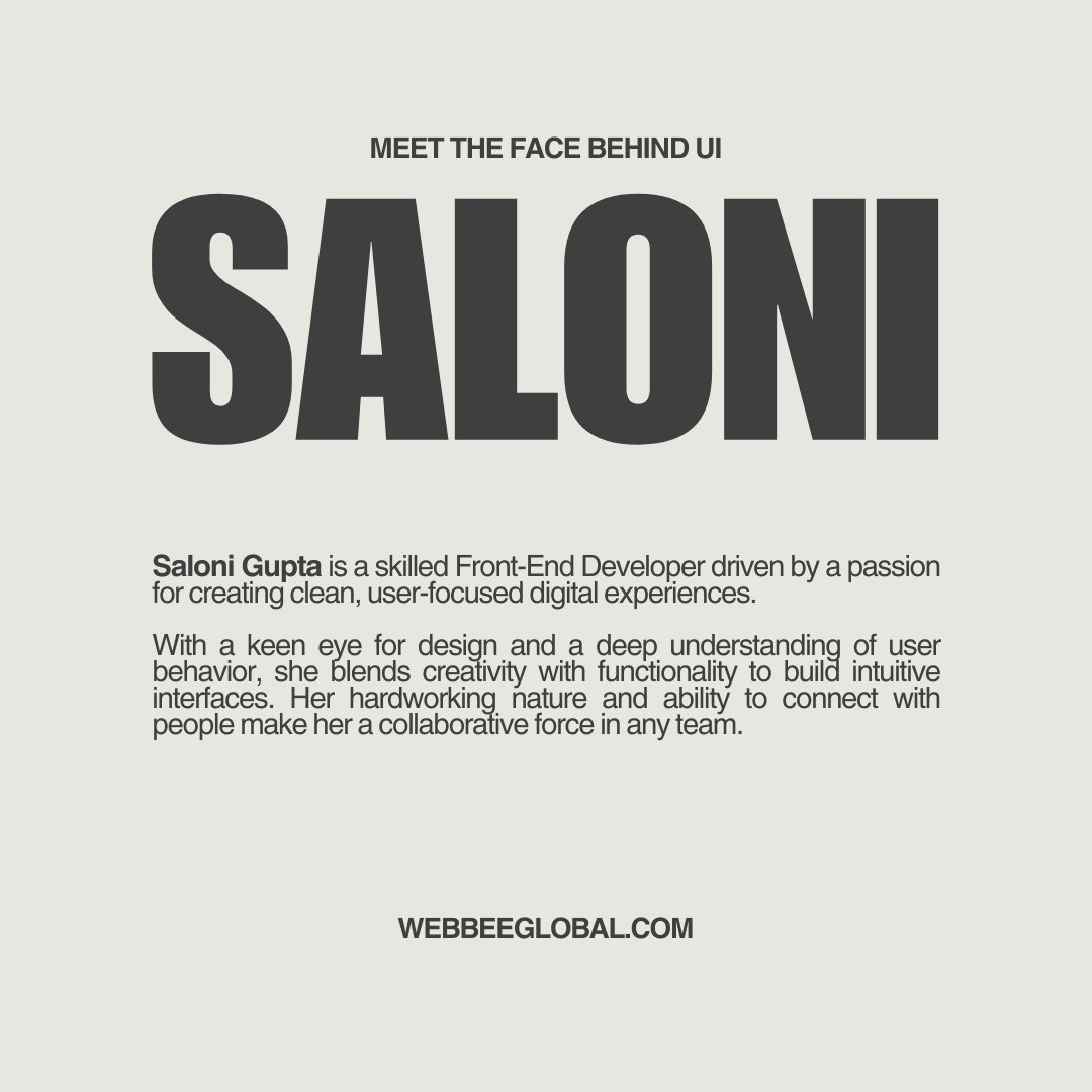 webbeeglobal's tweet image. Designing with purpose, coding with passion. 💡 

Meet Saloni Gupta—blending clean code, creative design &amp;amp; connection. 

Proud to have her on Team WebBee! 🚀 

#UIDesigner #FrontendMagic #WomenInTech #UXUI #TeamWebBee #WebBeeGlobal