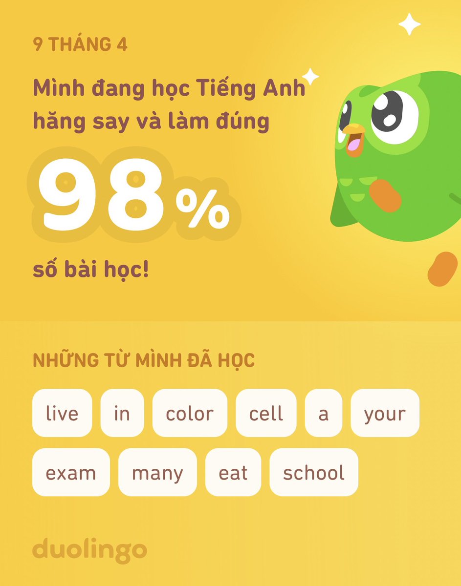 HaNgo9x's tweet photo. Tôi đang học Tiếng Anh trên Duolingo! Ứng dụng miễn phí, vui nhộn và hiệu quả. https://t.co/joLpsOA0kW
