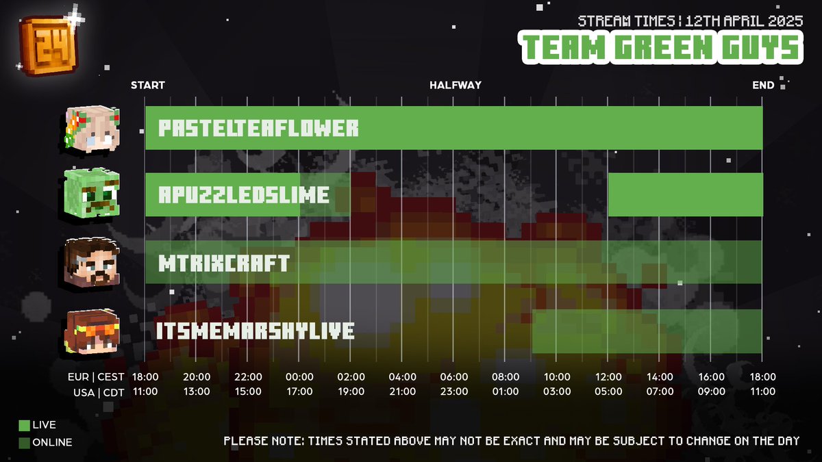 Announcing TEAM GREEN GUYS! 💚 
(<a href="/PastelTeaFlower/">PastelTeaFlower</a>, <a href="/apuzzledslime/">APuzzledSlime | #HomeSMP 🟩</a>, <a href="/mtrixcraft/">Mtrixcraft</a>, <a href="/ItsMeMarshy_/">Marshy</a>)

The first of the three teams participating in our 24 HOUR EVENT this Saturday 12th April 2025!! 💀⏰

Check out what times they will be streaming below! 👇