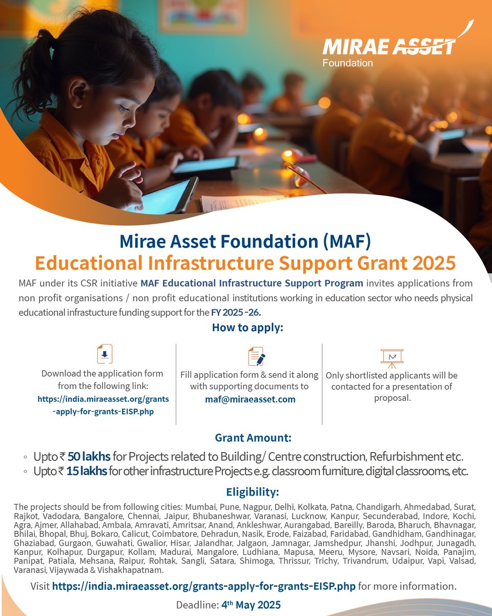 EMPOWERING EDUCATION, ONE STEP AT A TIME!
Mirae Asset Foundation invites applications for the FY 2025-26 MAF Educational Infrastructure Support Program Grant (MAF-EISP), supporting non-profit educational institutions shaping tomorrow’s minds.
Click Here: bit.ly/3E2sHtn