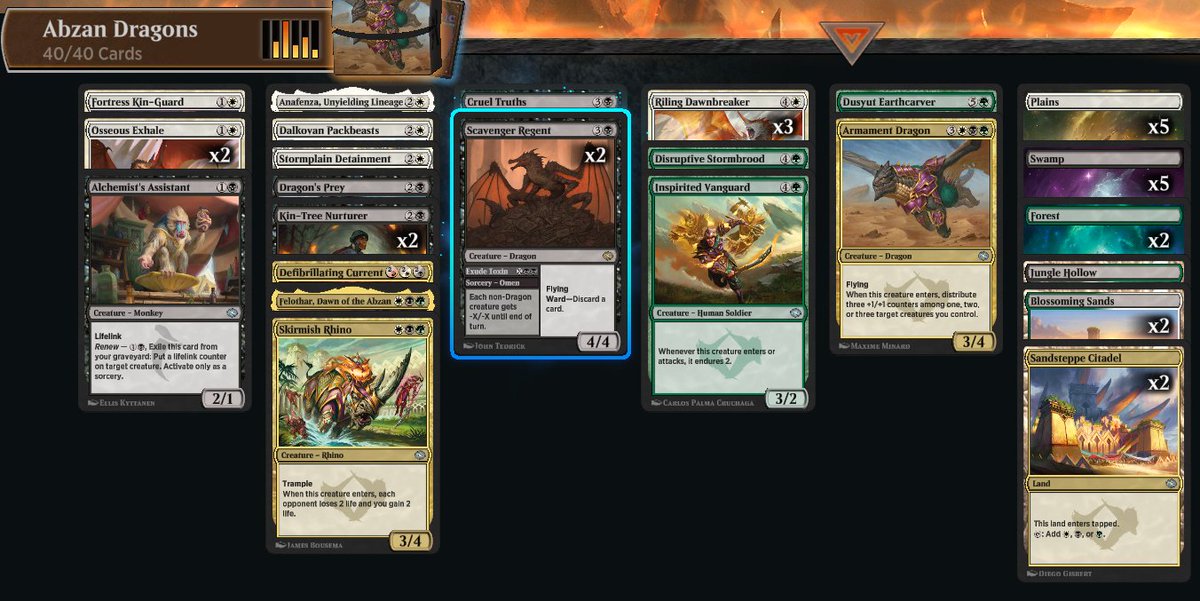 xcblazeMtG's tweet image. Can confirm, Scavenger Regent is DISGUSTING in Limited. Just pack removal for dragons; and don't hesitate to just cast the dragon!

Would be quite surprised if I can't find it a home in Constructed.

EASY 7 wins, lost one to a combat missequence.

#MtGLimited #MtGTarkir #Abzan