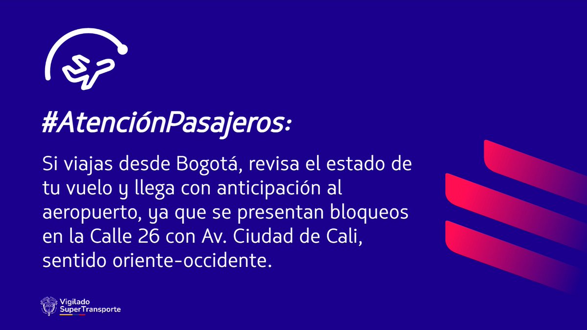 #AtenciónPasajeros: Debido a la protesta de taxistas que se presenta en la Calle 26 recomendamos llegar con anticipación al aeropuerto  <a href="/BOG_ELDORADO/">Aeropuerto El Dorado</a> y revisar el estado de su vuelo en latam.com