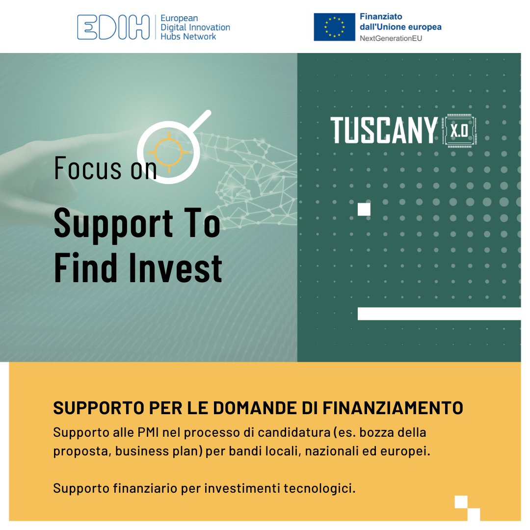 💼 Hai in mente un progetto innovativo ma non sai come finanziarlo?
Con Tuscany X.0 puoi contare sul servizio 𝗦𝘂𝗽𝗽𝗼𝗿𝘁 𝘁𝗼 𝗳𝗶𝗻𝗱 𝗶𝗻𝘃𝗲𝘀𝘁𝗺𝗲𝗻𝘁.
Compila il form 👉 tuscanyx.eu/registrati/
Saremo felici di contattarti per capire insieme le tue esigenze.