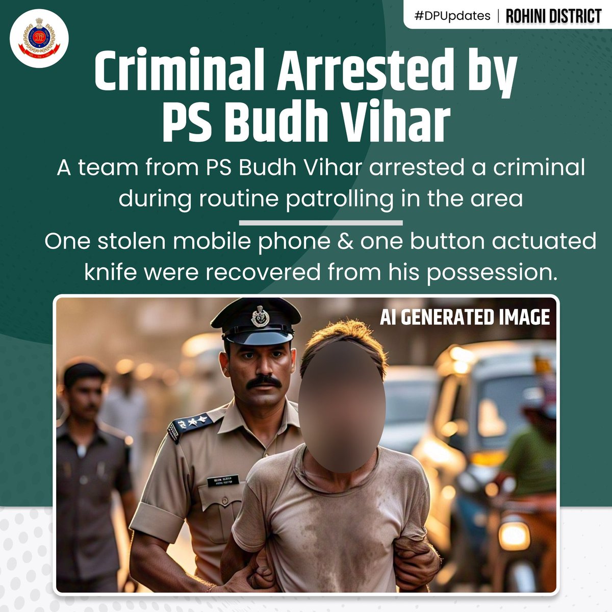 dcprohinidelhi's tweet photo. PS Budh Vihar arrested a criminal during routine patrolling after spotting a suspicious person.
A stolen mobile phone & a button actuated knife were recovered.
The accused is involved in a theft case.
#DelhiPolice4You
#DPUpdates
#KeepingStreetsSafe
@DelhiPolice
@LtGovDelhi
@CPDelhi
@Ravindra_IPS