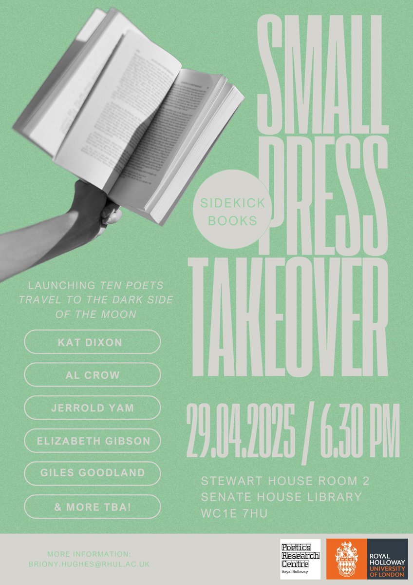 The next Small Press Takeover is lined up for 24th April at 6.30pm. Sidekick Books will be launching the next book in their iconic anthology series - Ten Poets Travel to the Dark Side of the Moon! Kat Dixon, Al Crow, Jerrold Yam, Elizabeth Gibson, Giles Goodland, &amp; more!