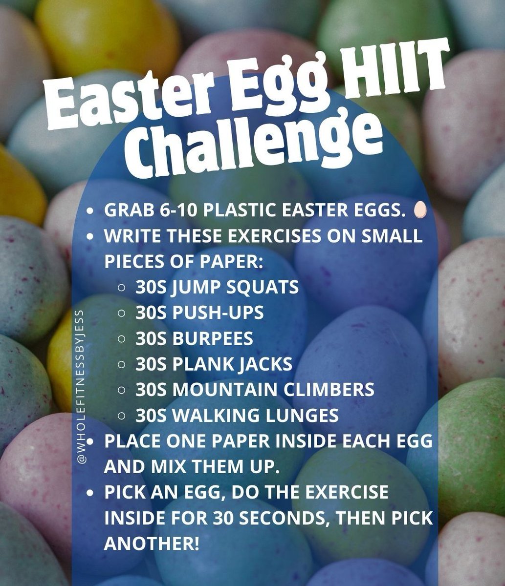WFitnessbyJess's tweet image. 🐣 Easter Egg HIIT Challenge! 🏋️‍♀️ Write exercises on paper, stuff them in eggs, then pick at random for a surprise workout! No candy, just sweat. 🔥 Try 3-4 rounds &amp;amp; tag me when you’re done! #EasterWorkout #HIITChallenge