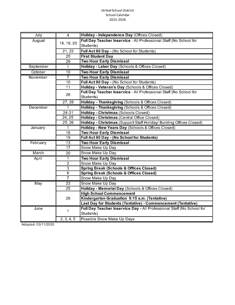 UnitedSDLions's tweet photo. The United School District 2025-2026 School Calendar.  

Please feel free to contact your child's school directly to request a paper copy if you wish to receive one. https://t.co/JMz8LZvhdf