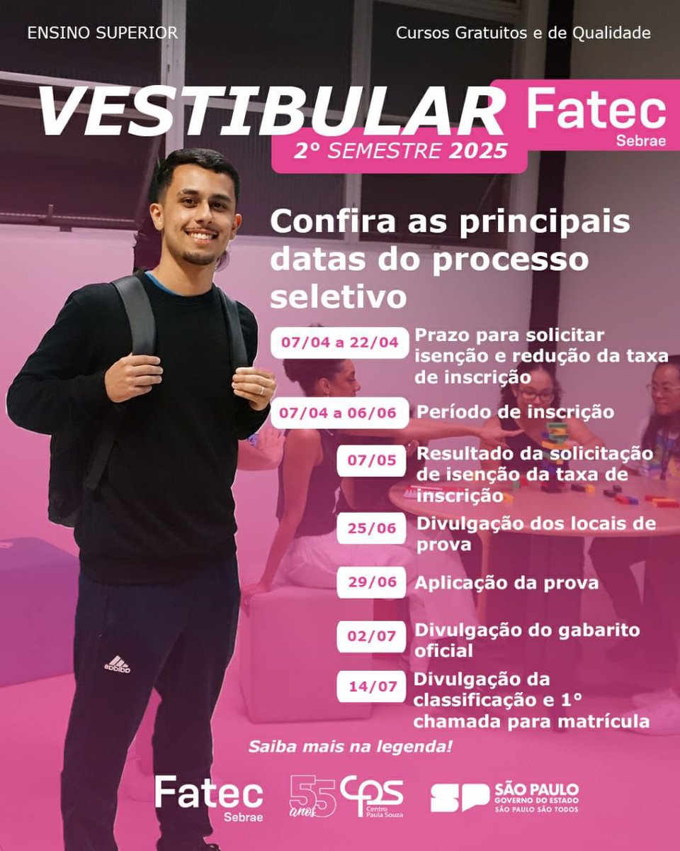 🚀 Em 2025, dê um passo rumo ao sucesso! Estude na Fatec Sebrae: #Gestão, #Marketing e #Dados te esperam! 
Acesse: vestibular.fatec.gov.br #VemPraFatecSebrae