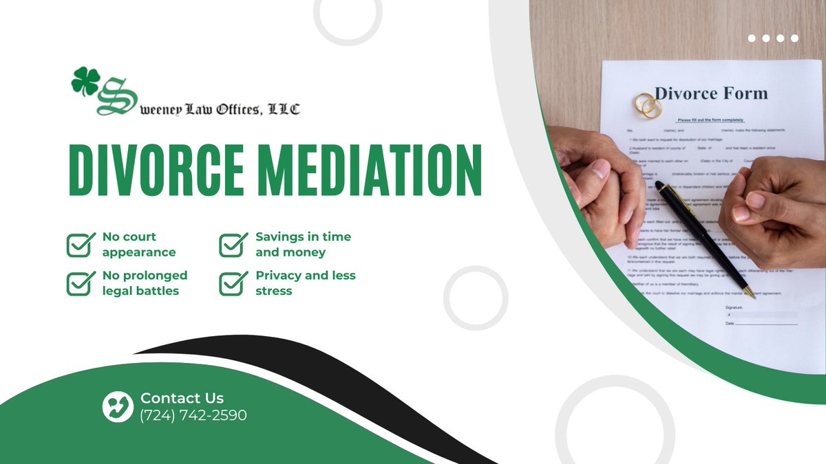 Considering divorce but want to avoid court? 💔 Sweeney Law Offices offers #Mediation &amp; #CollaborativeLaw to help you reach peaceful solutions. Our Cranberry Township divorce attorneys are here to guide you.

📞 (724) 742-2590
🔗 sweeneyfamilylaw.com/family-law-div…