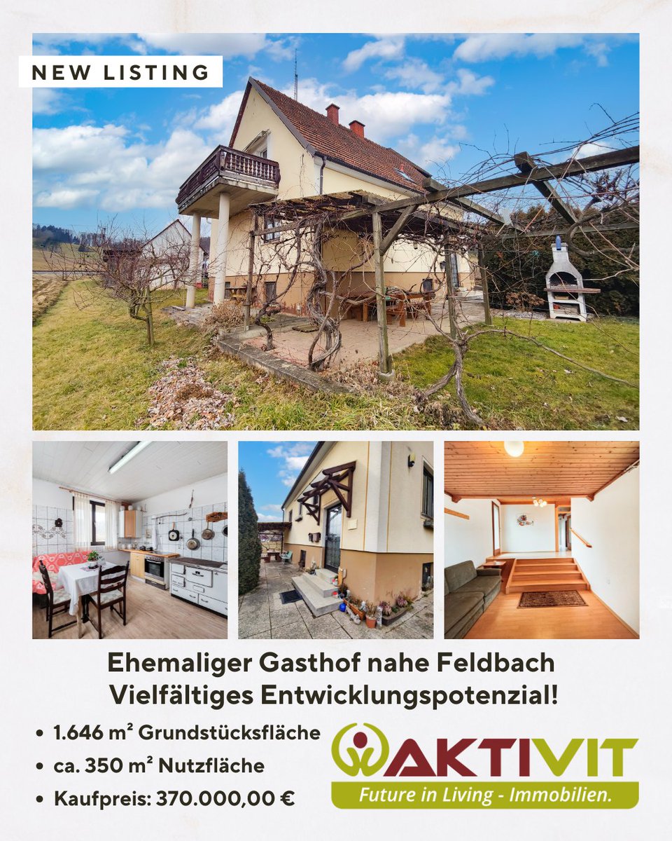 AKTIVITorg's tweet photo. 🏡 Ehemaliger Gasthof nahe Feldbach – Vielfältiges Entwicklungspotenzial! 🍇

Dieses Bestandsobjekt mit rund 350 m² Nutzfläche bietet enormes Potenzial für unterschiedlichste Projekte. https://t.co/fvUgly4XYu