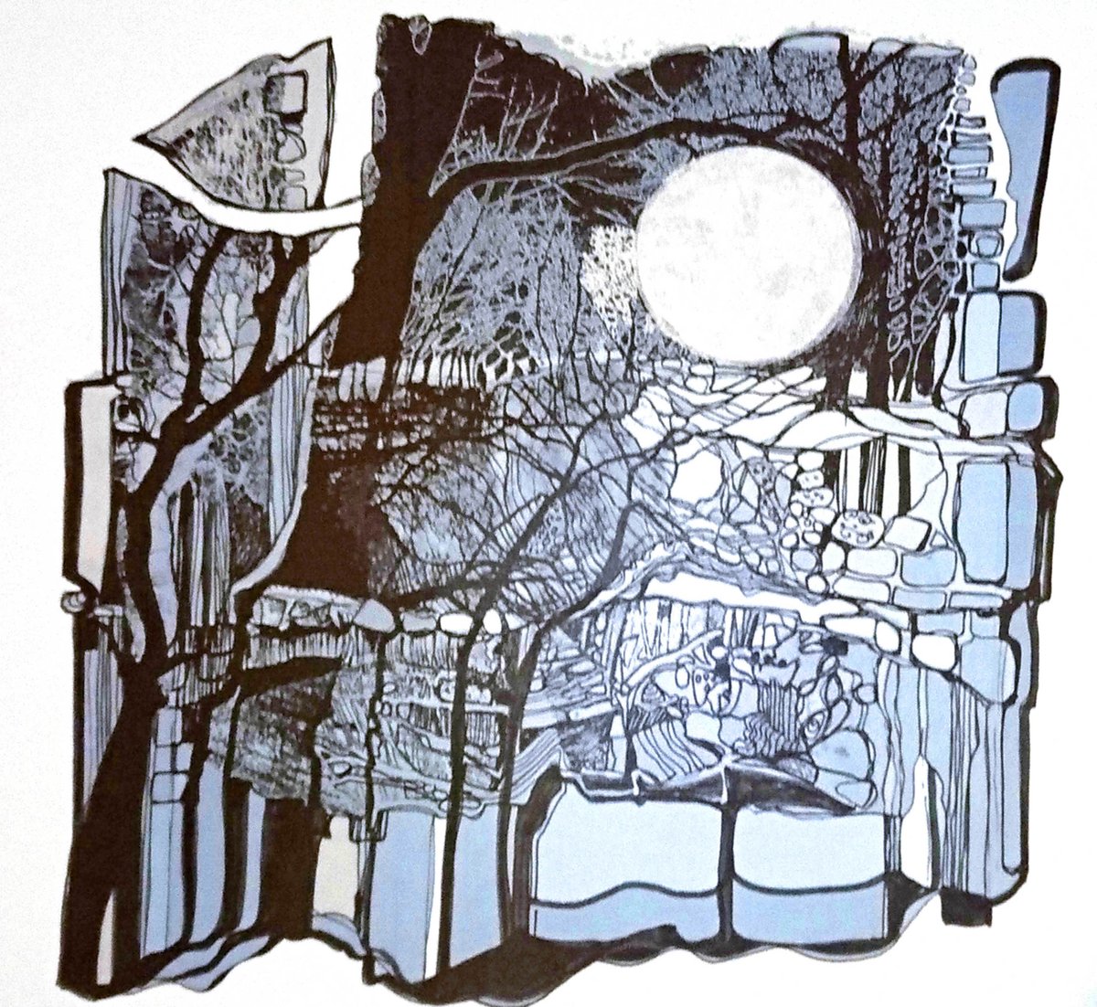 RuthMcDonald1's tweet photo. "Supermoon in Ancient Times" a screen-print based on a full supermoon in my woods in Kent - it will be a full moon soon look out for it 
#supermoo #fullmoon #WednesdayMotivation #kent #printmaking #screenprint #artwork #artist #tonalart #pattern #texture #trees #woodland #moon https://t.co/QhT3kekX28