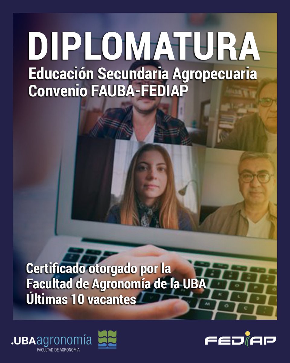UNA MUY BUENA NOTICIA!
Hay 10 Vacantes más cursar la Diplomatura en Enseñanza Secundaria Agropecuaria (la primera en su tipo en el país y la región)
No dejas pasar el tiempo, que el 6/5 inician las Clases.
Informes: 
diploeduagro@agro.uba.ar / info@fediap.com.ar
#EducaciónAgraria