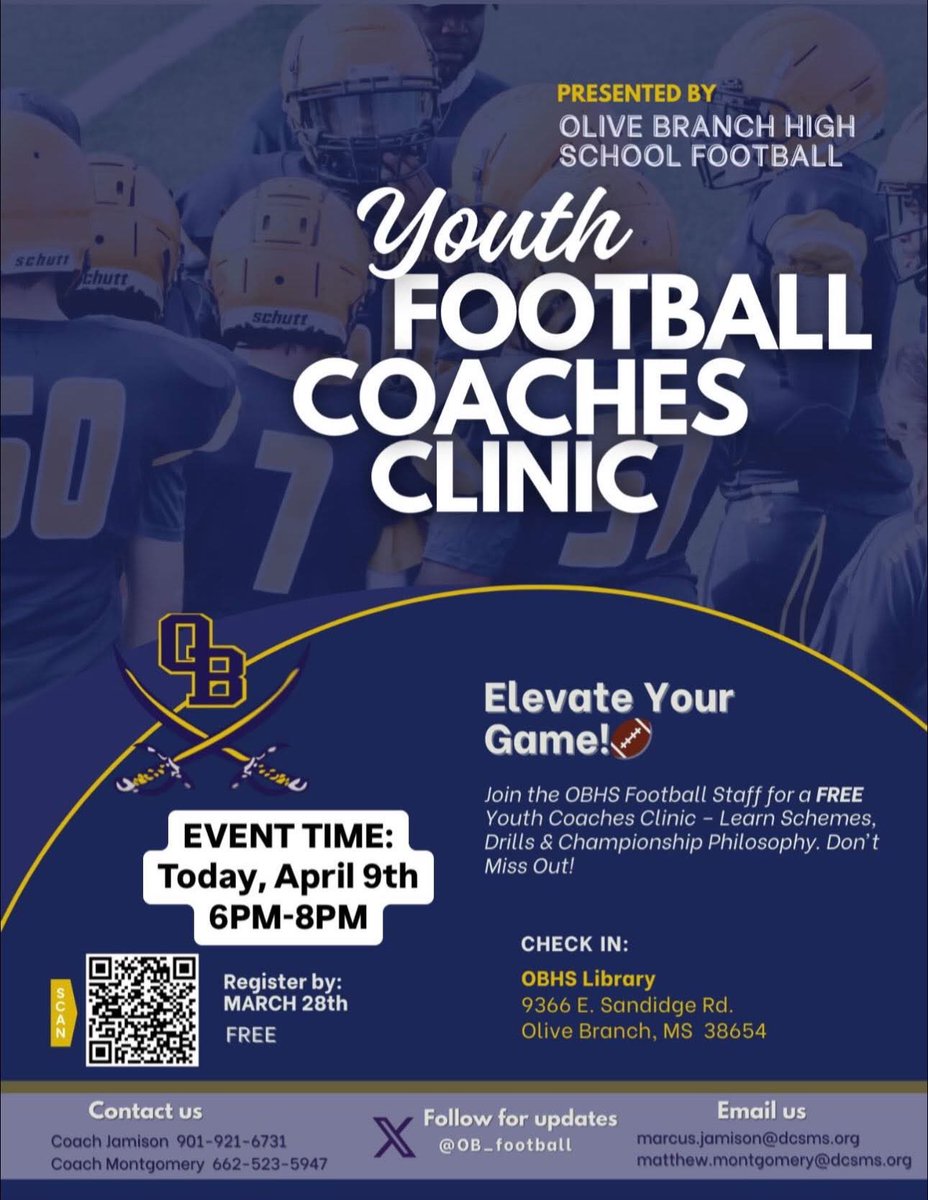 OB_football's tweet photo. Today, we want to invite all youth coaches in Desoto County/Memphis Area &amp; Middle School Coaches out today to fellowship with some football. @CoachJ1906 🔵⚔️🟡#RTP #OBPride https://t.co/I46p5AmiLa
