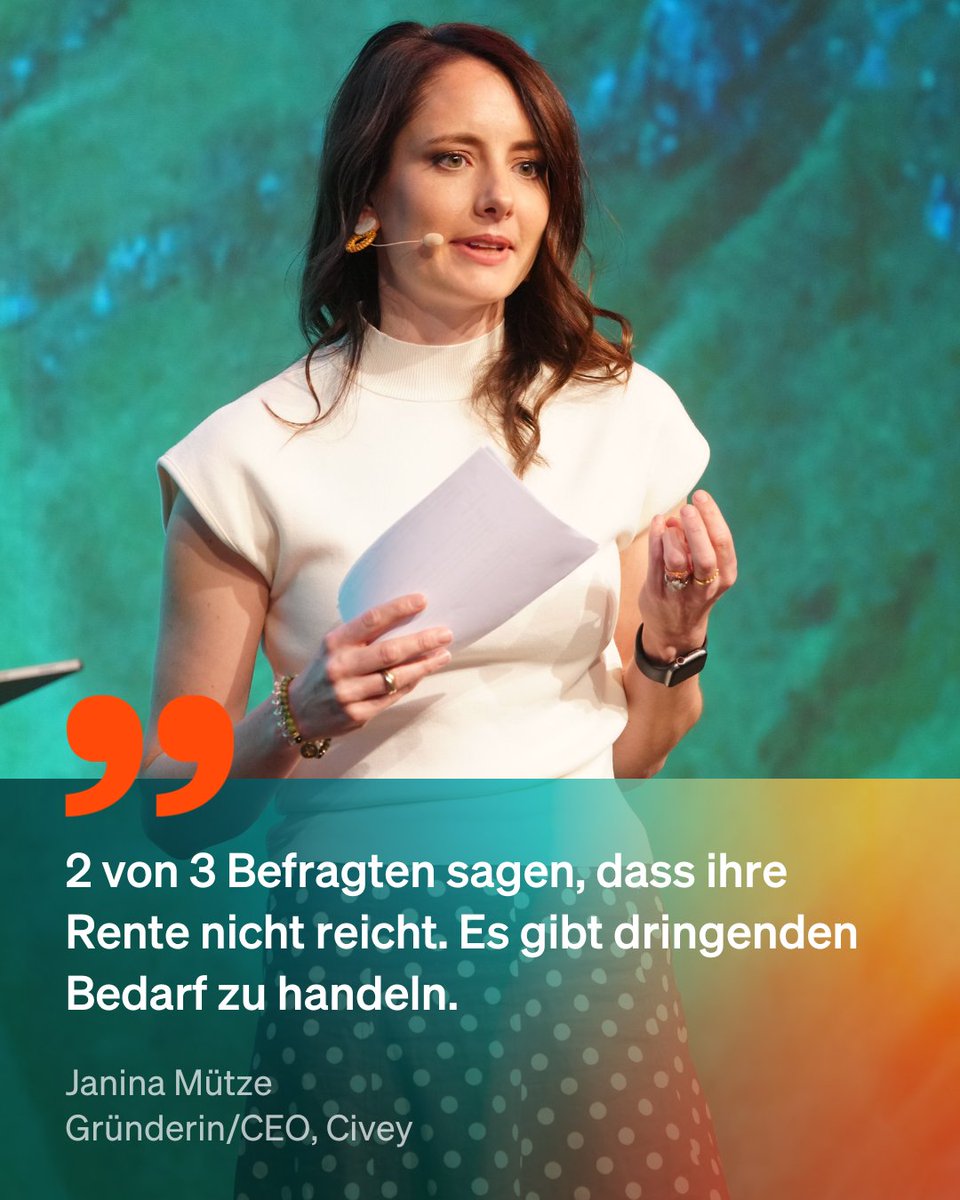 gdv_de's tweet photo. Was denken die Deutschen über die Rente? Laut @janinamuetze, Gründerin des Marktforschungsunternehmens @civey_de, sorgt sich die Mehrheit um ihren Ruhestand: 2 von 3 glauben nicht, dass die gesetzliche Rente reicht. Reformen sind dringend nötig. #GDVInsuranceSummit https://t.co/sZujO61tan