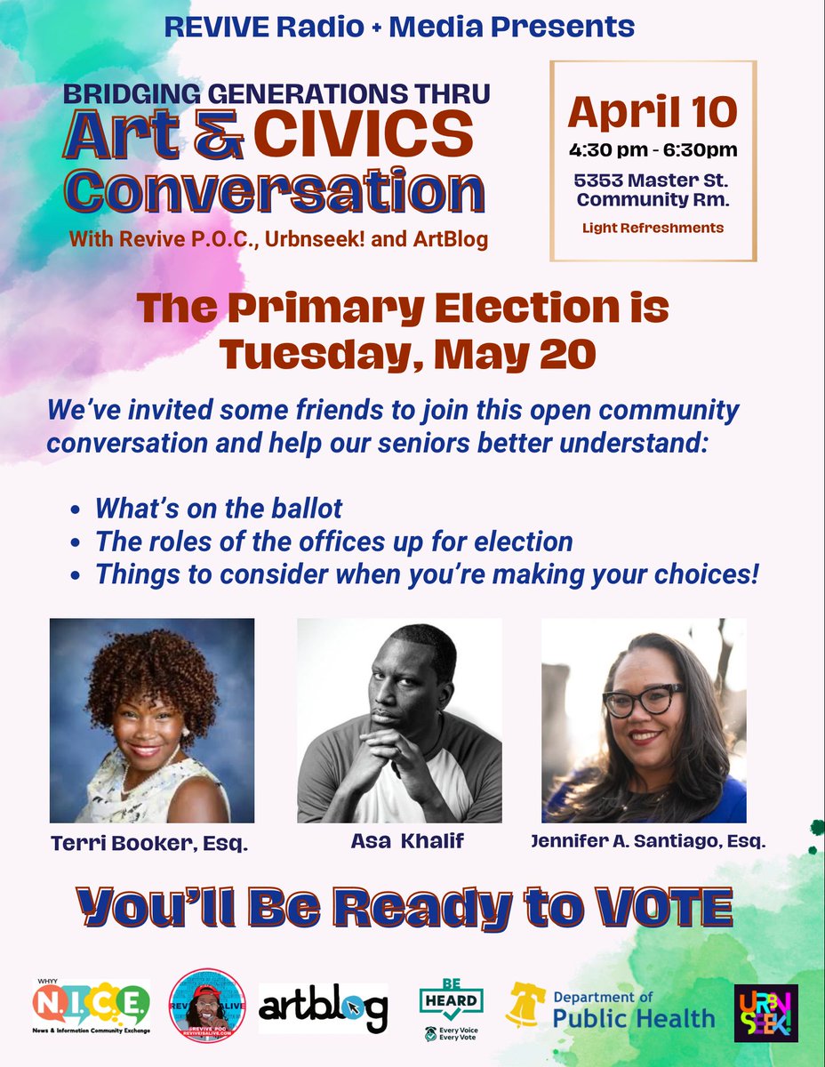Revive_POC's tweet photo. This one’s FOR YOU, Philly elders:
✔️ Confused by the ballot?
✔️ Want to know what the DA actually does?
✔️ Wondering who’s running for judge?
We got answers, snacks, & art. Pull up!
#SeniorVoicesMatter #PhillyVotes #CommunityEvent #everyvoiceeveryvote https://t.co/ts74uGTiVS