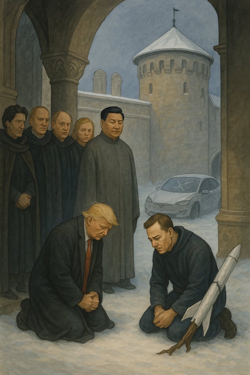 metamon1732's tweet photo. A Tariffying Future

#Trump #Musk #Tariffs #TradeWar #PoliticalSatire #Canossa #カノッサの屈辱 #貿易戦争 #トランプ #マスク #関税 https://t.co/H8zvQ2GD65