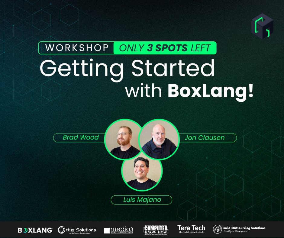 ortussolutions's tweet image. 🚨 Only 3 spots left for our most popular on-site workshop at Into the Box 2025: Getting Started with BoxLang!
Join @lmajano, @bdw429s, and @jclausen — one of our top 3 contributors to the creation of #BoxLang — for an exclusive, hands-on experience with the future of modern…