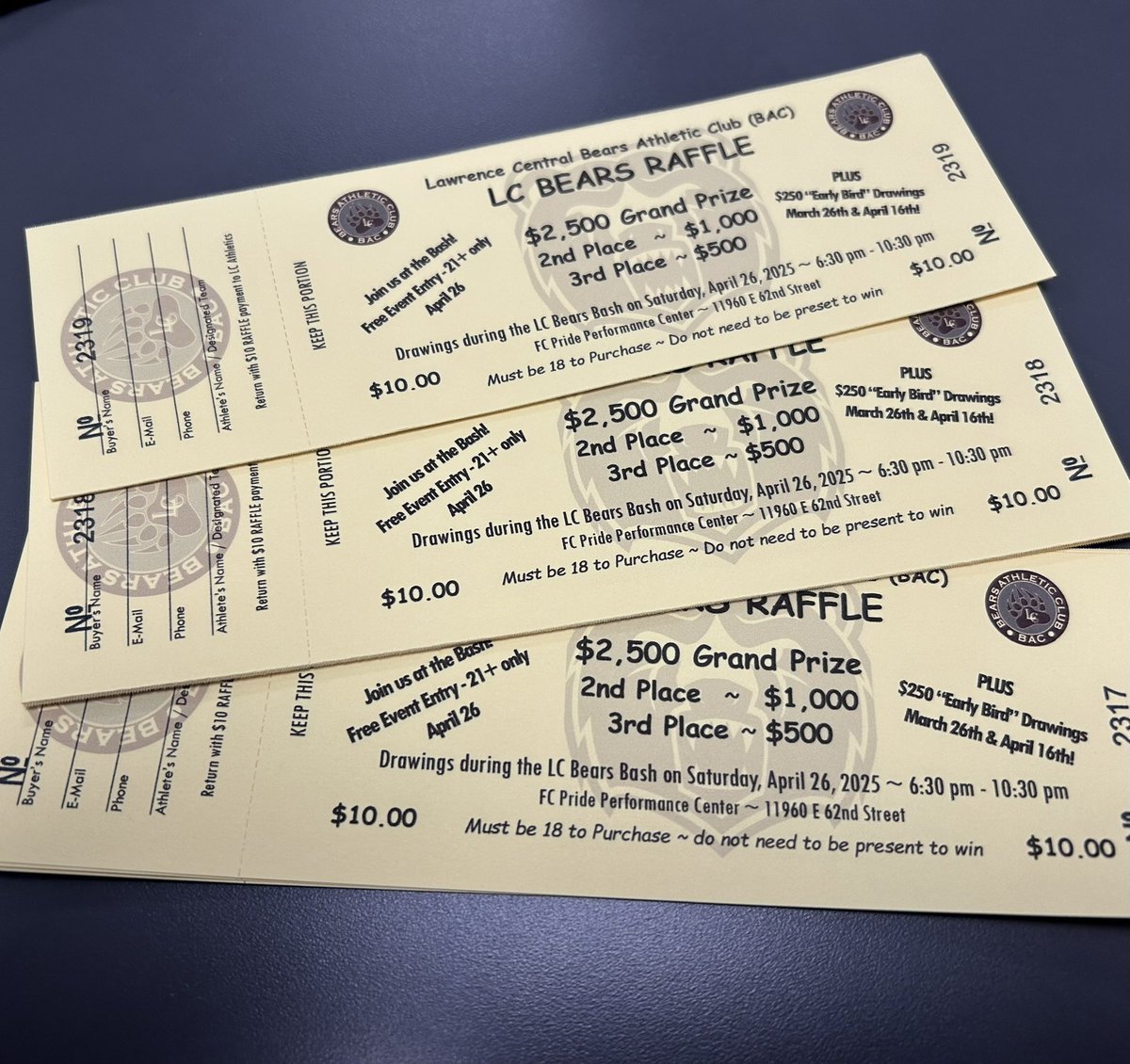 LCBAC (@lchsbac) on Twitter photo Get your tickets TODAY from any LC ATHLETE or the LC ATHLETICS OFFICE
LC BEARS RAFFLE TICKETS ARE AVAILABLE! Tickets are $10 for your chance at $2500 / $1000/ $500 PLUS 1 more $250 EARLY BIRD drawing on April 16.
GO BEARS!!!
<a href="/LCHSAthletics/">LCHSAthletics</a>
<a href="/LCHSBears/">Lawrence Central</a> Get your tickets TODAY from any LC ATHLETE or the LC ATHLETICS OFFICE
LC BEARS RAFFLE TICKETS ARE AVAILABLE! Tickets are $10 for your chance at $2500 / $1000/ $500 PLUS 1 more $250 EARLY BIRD drawing on April 16.
GO BEARS!!!
<a href="/LCHSAthletics/">LCHSAthletics</a>
<a href="/LCHSBears/">Lawrence Central</a>